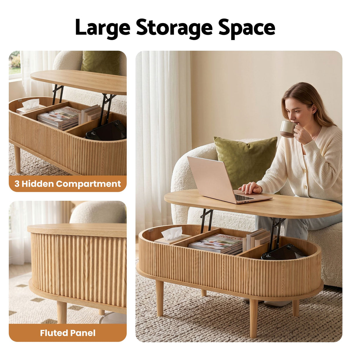 Solene Fluted Lift-Top Coffee Table 100cm – Natural