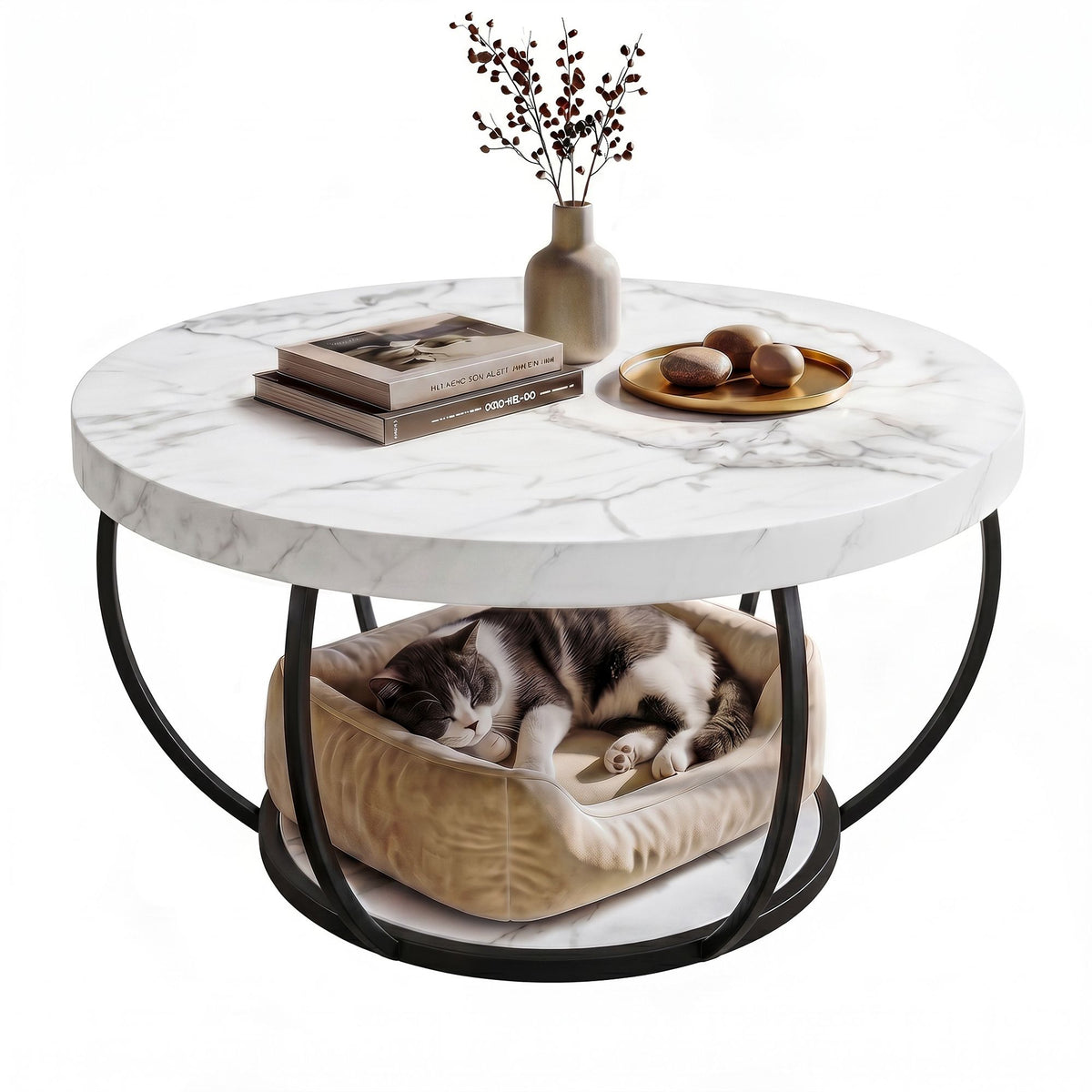 Estelle Round Marble-Look Coffee Table 80cm – White & Black