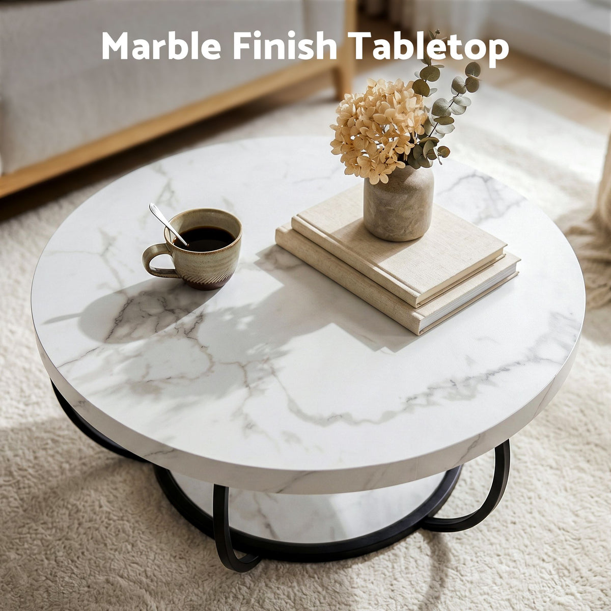 Estelle Round Marble-Look Coffee Table 80cm – White & Black