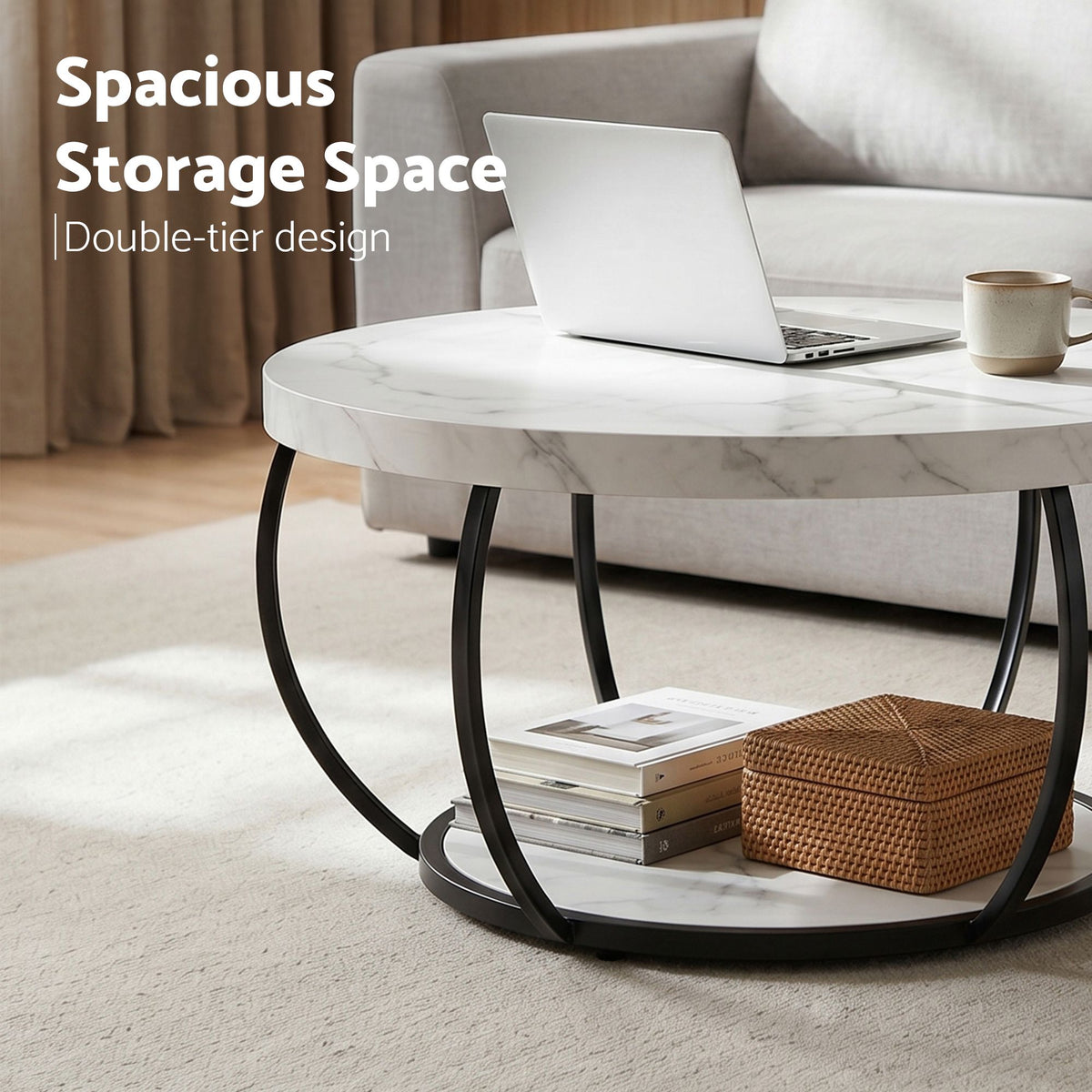 Estelle Round Marble-Look Coffee Table 80cm – White & Black