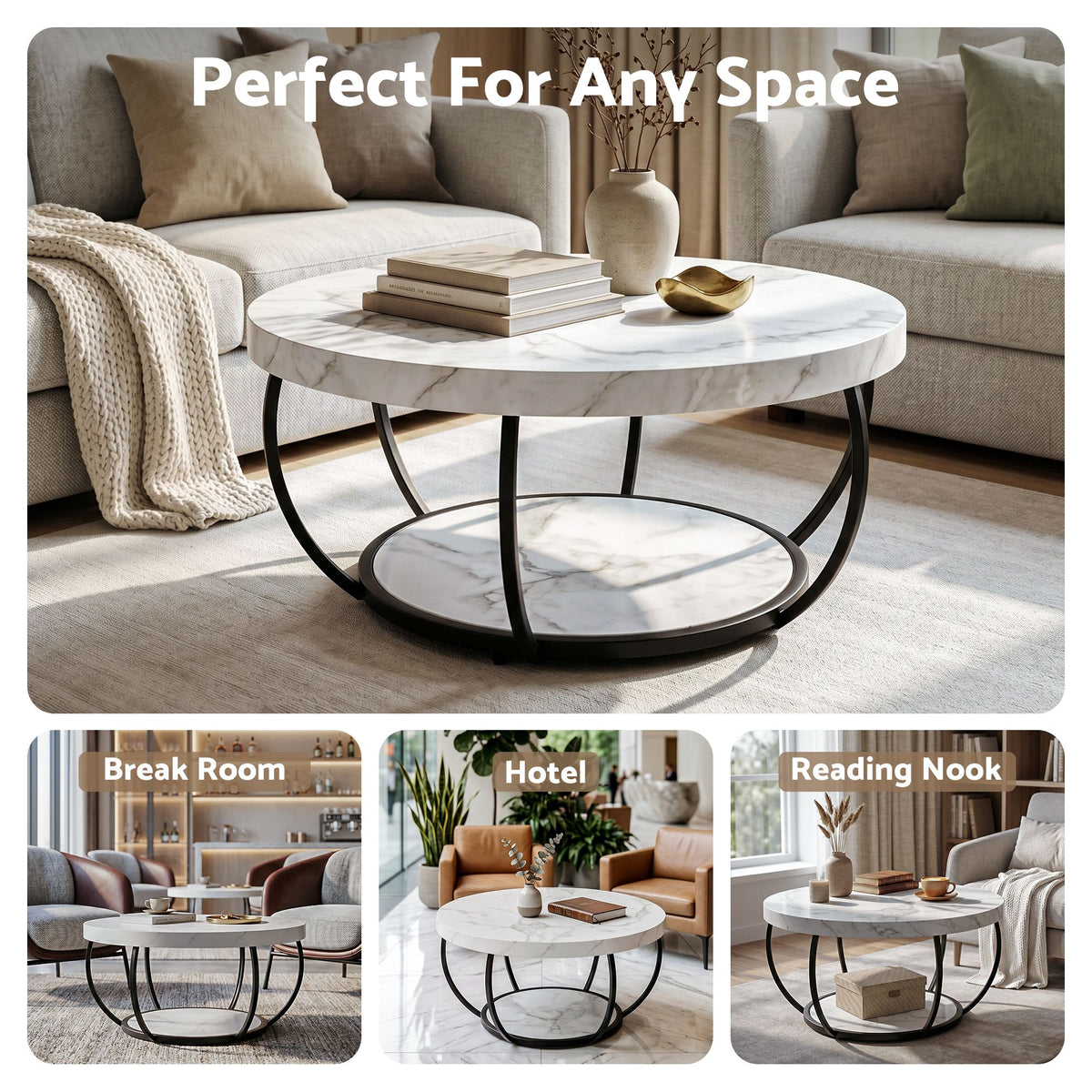 Estelle Round Marble-Look Coffee Table 80cm – White & Black