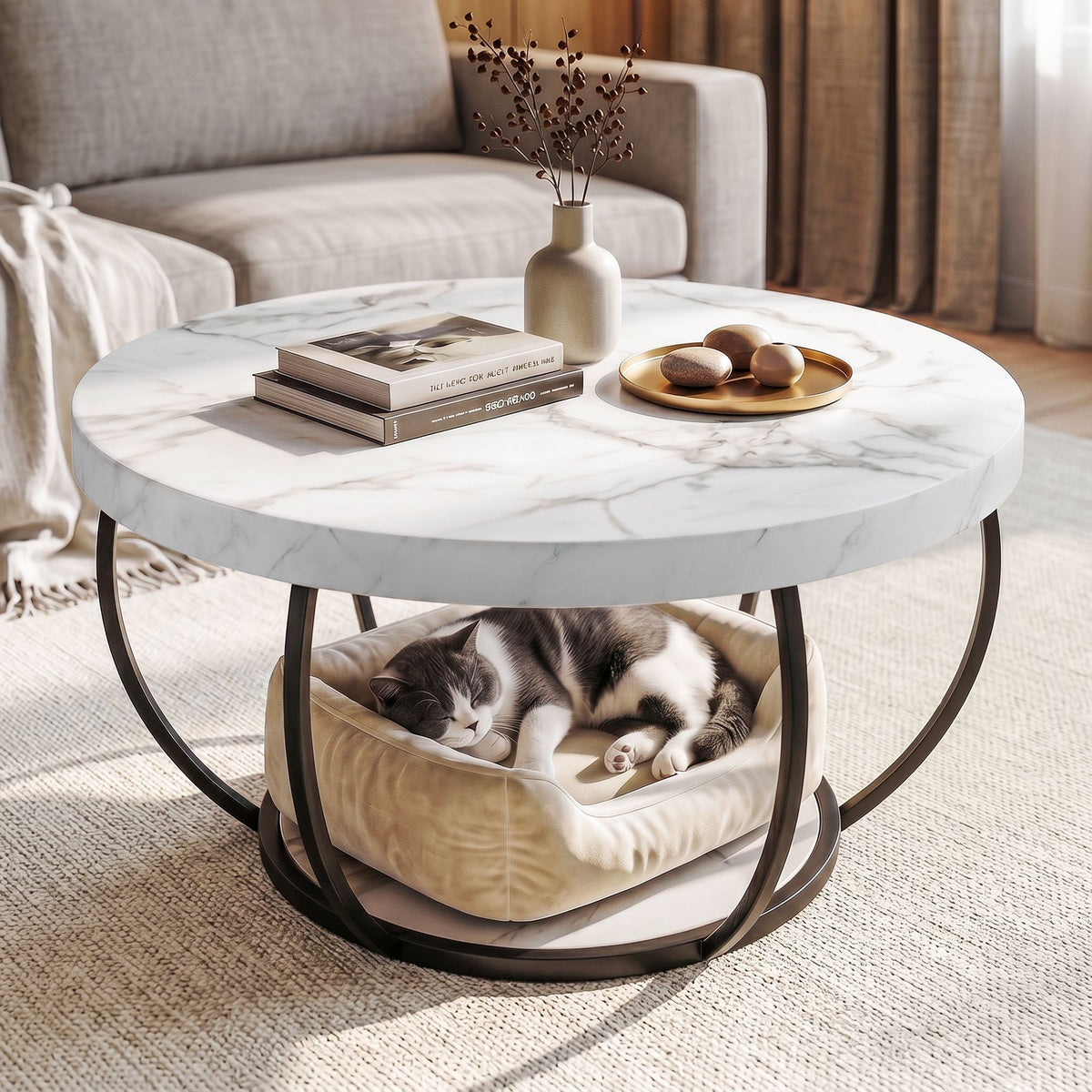 Estelle Round Marble-Look Coffee Table 80cm – White & Black
