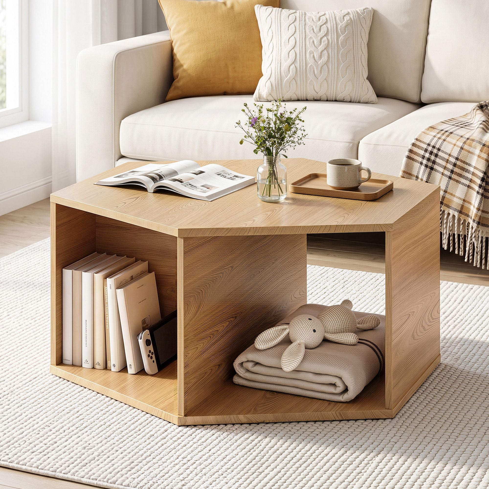 Aviana Hexagonal Open Shelf Coffee Table 80cm – Natural