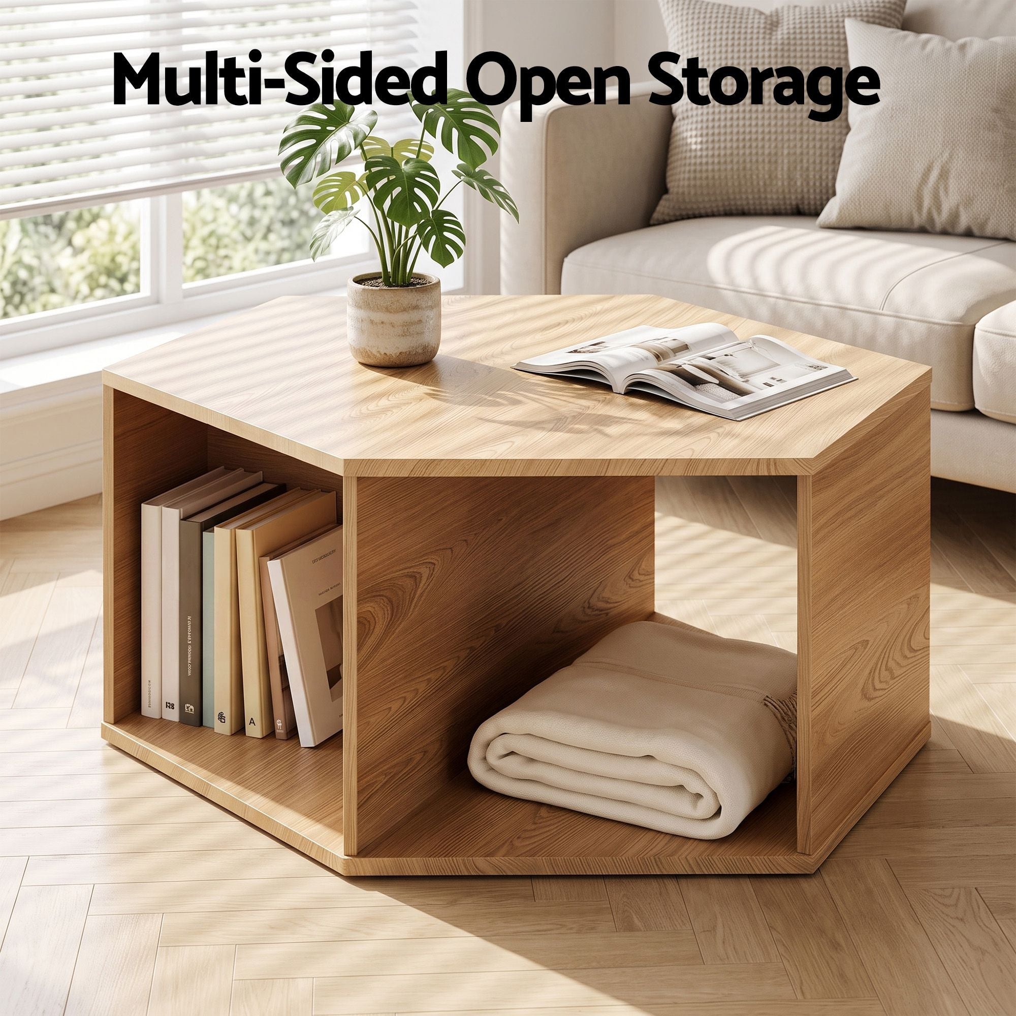 Aviana Hexagonal Open Shelf Coffee Table 80cm – Natural