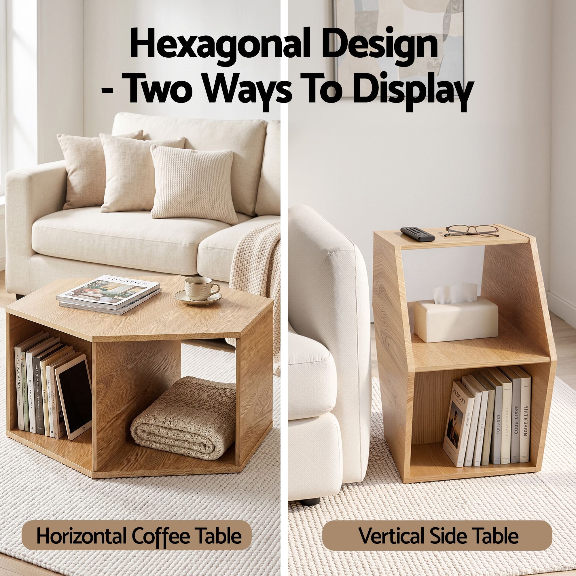 Aviana Hexagonal Open Shelf Coffee Table 80cm – Natural