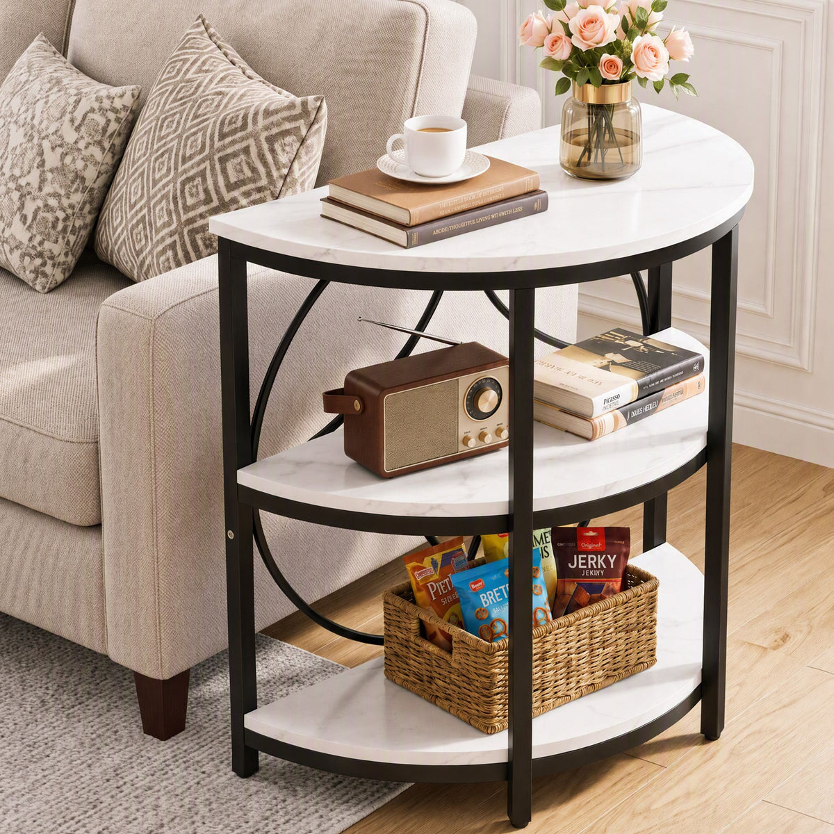 Estelle Semi-Circle Side Table – White & Black