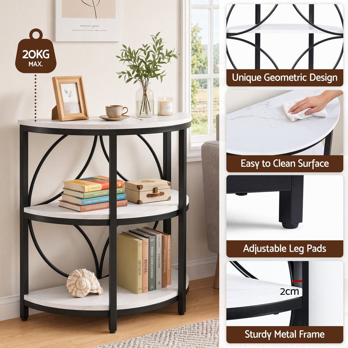 Estelle Semi-Circle Side Table – White & Black