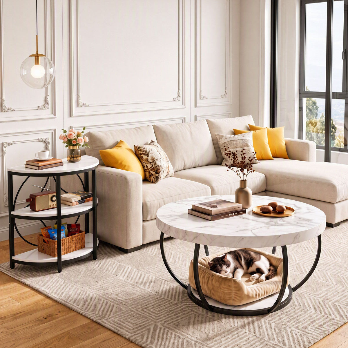 Estelle Round Marble-Look Coffee Table 80cm – White & Black