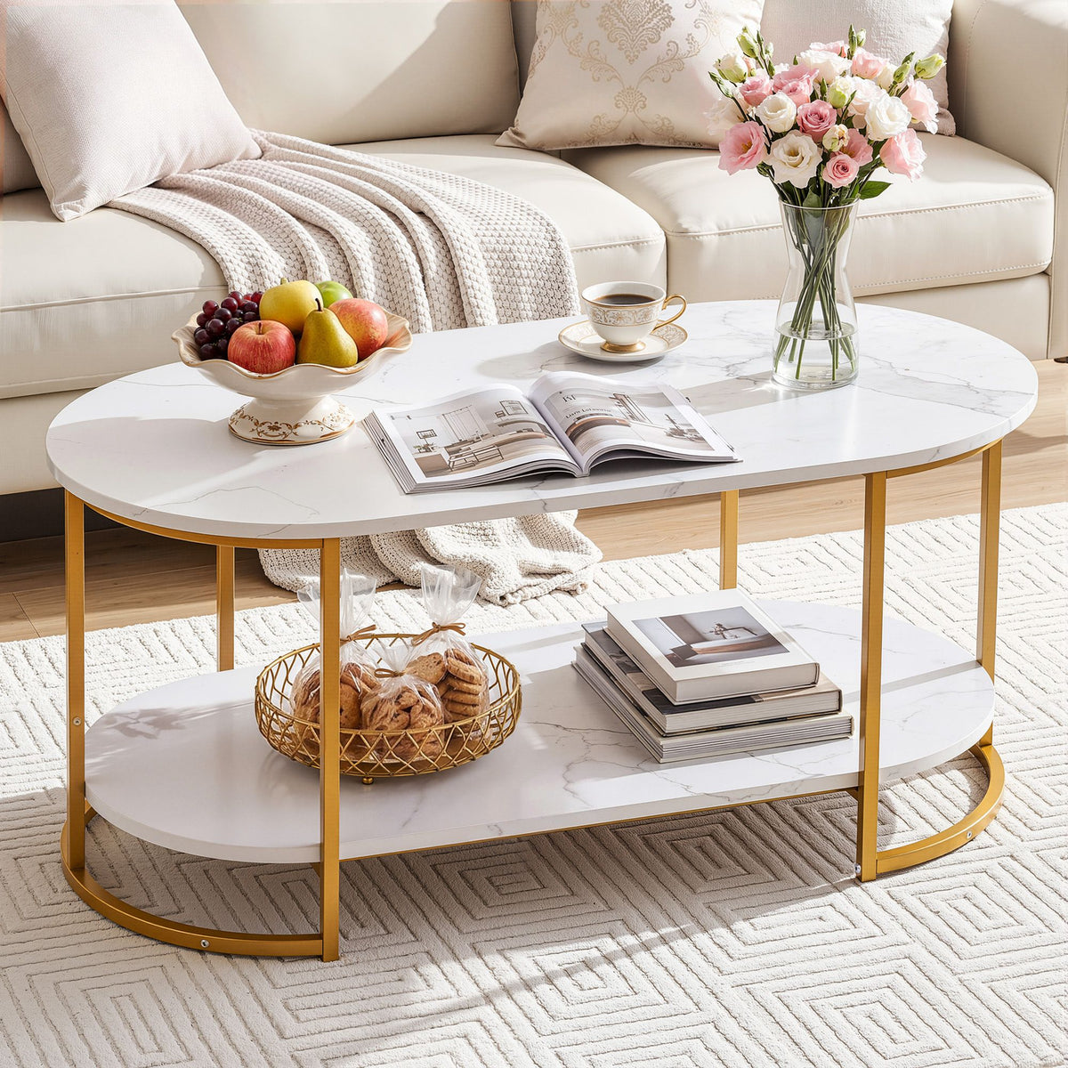 Marielle Oval Marble-Look Coffee Table 100cm – White & Gold