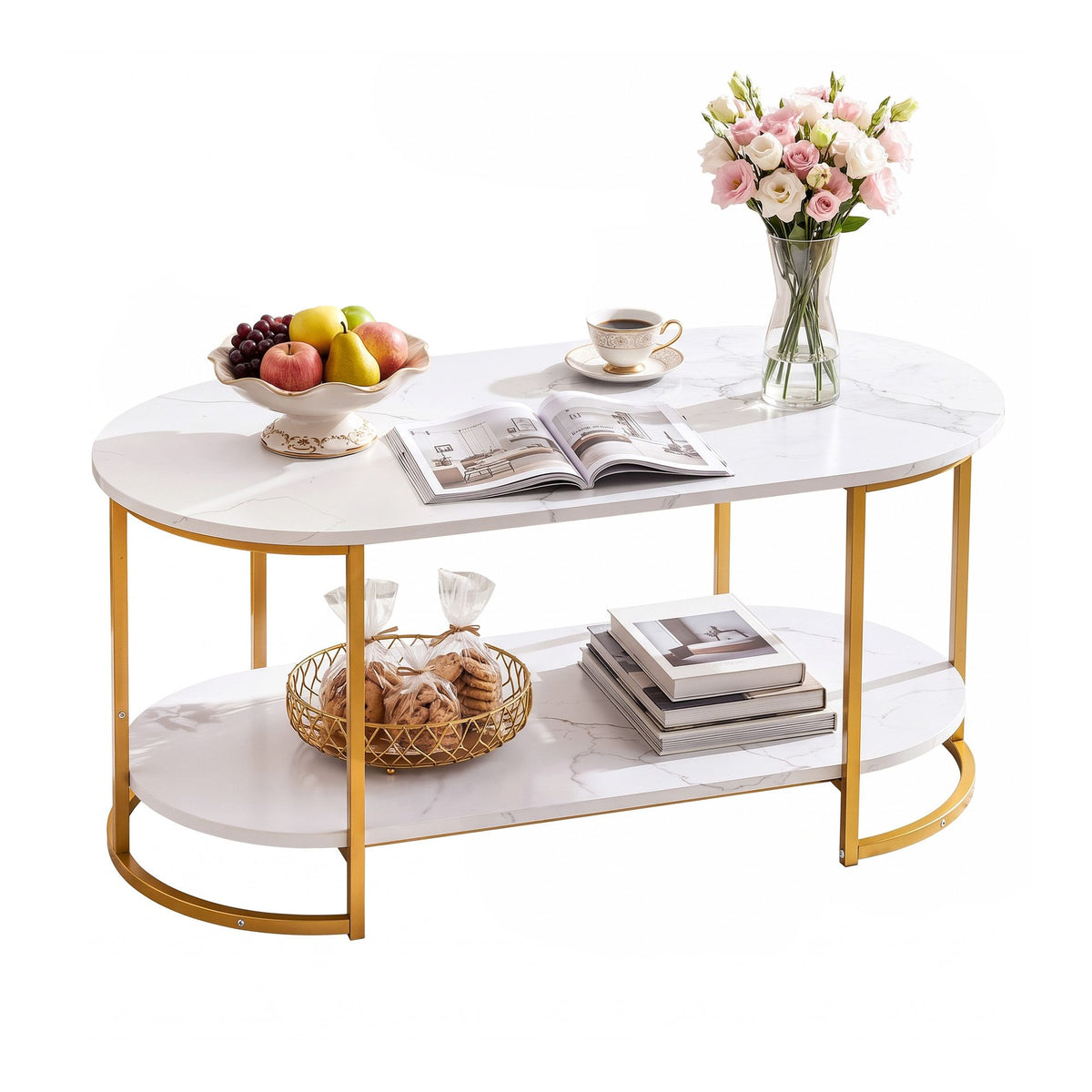 Marielle Oval Marble-Look Coffee Table 100cm – White & Gold