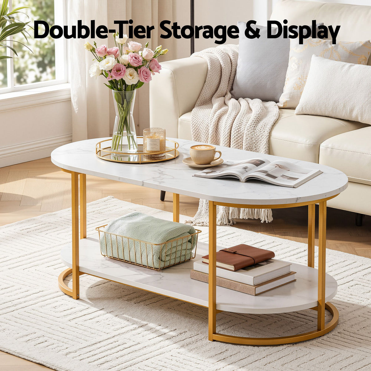 Marielle Oval Marble-Look Coffee Table 100cm – White & Gold