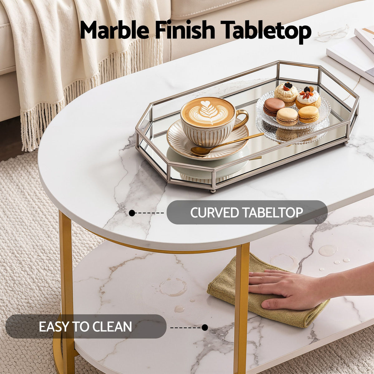 Marielle Oval Marble-Look Coffee Table 100cm – White & Gold