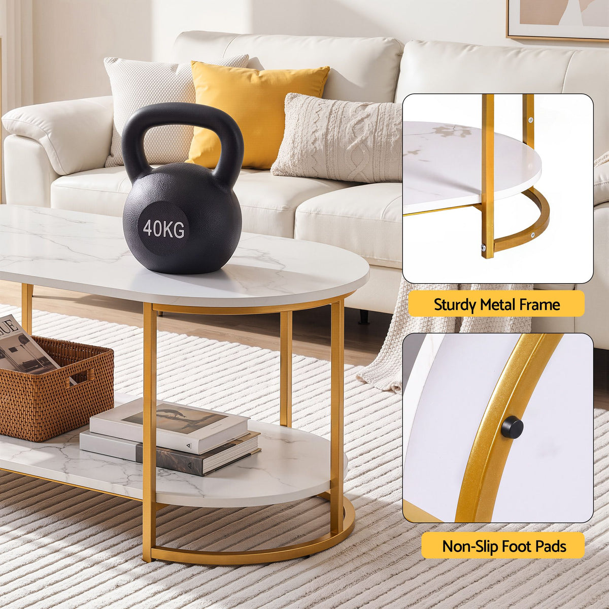 Marielle Oval Marble-Look Coffee Table 100cm – White & Gold
