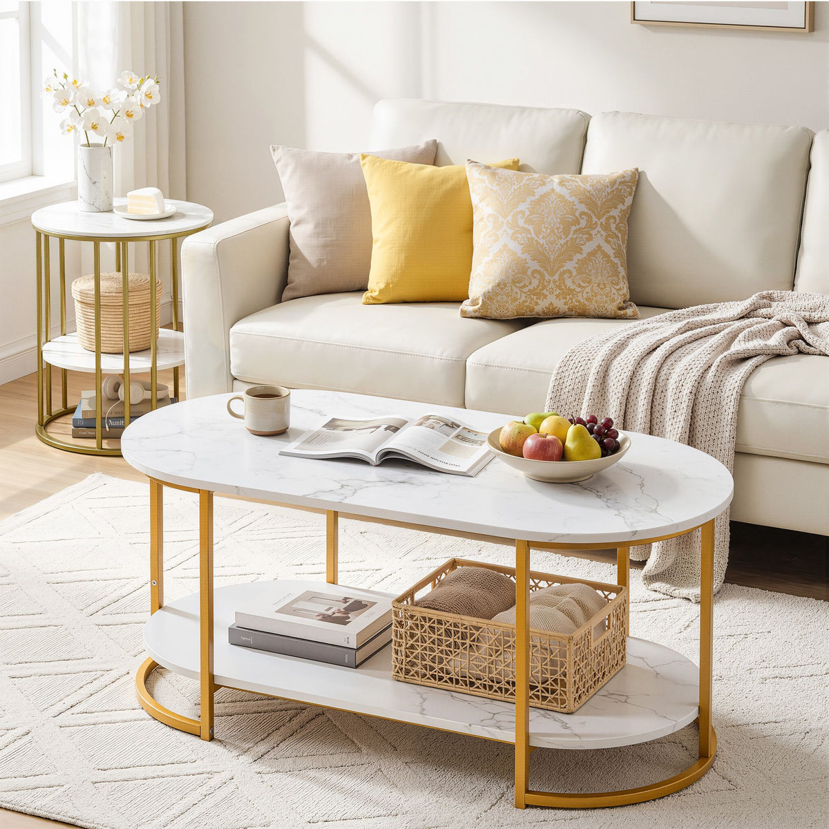 Marielle Oval Marble-Look Coffee Table 100cm – White & Gold