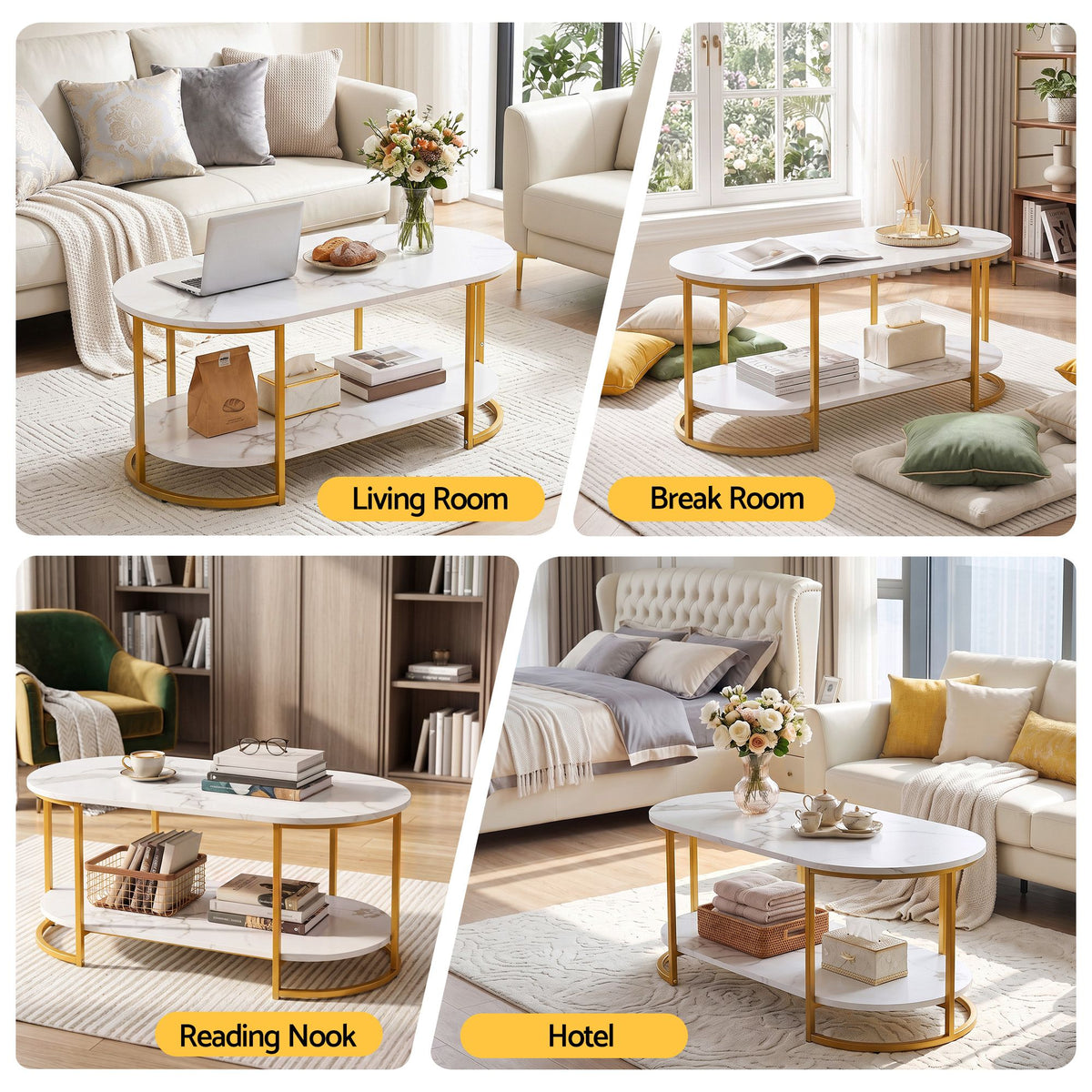 Marielle Oval Marble-Look Coffee Table 100cm – White & Gold