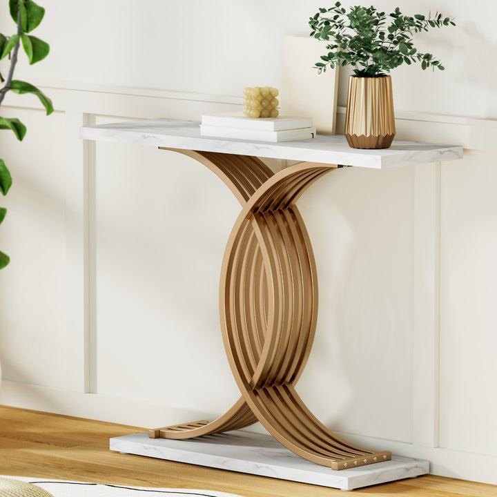 Modern Marble Effect Console Table - White & Gold - Homecoze