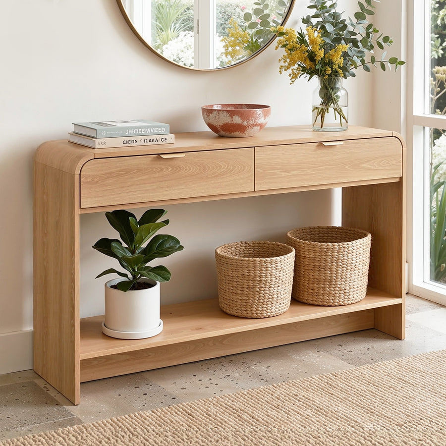 Artiss Console Table Hallway Entryway Storage Drawer Shelf Curved Edge 120CM Pine - Homecoze