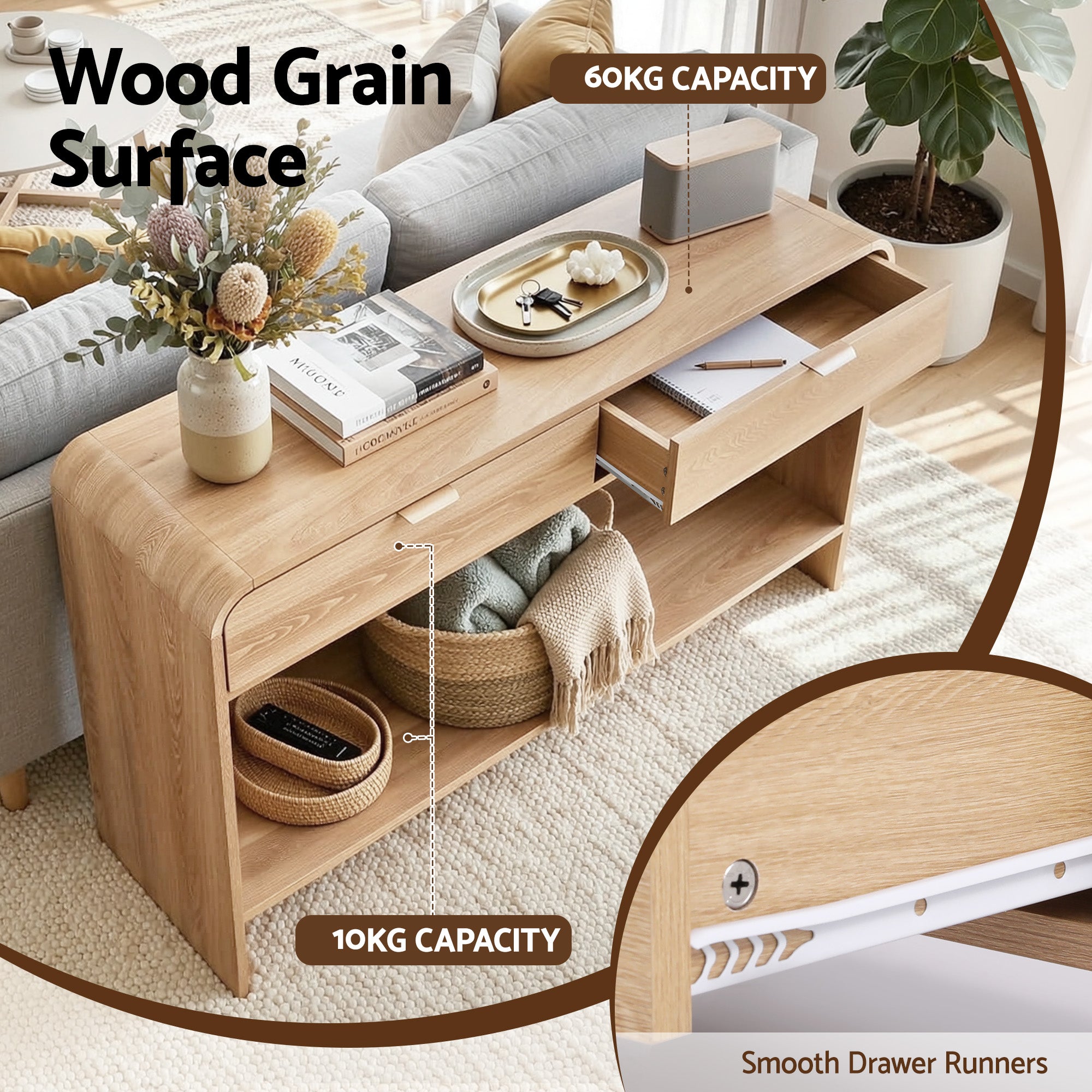 Artiss Console Table Hallway Entryway Storage Drawer Shelf Curved Edge 120CM Pine - Homecoze