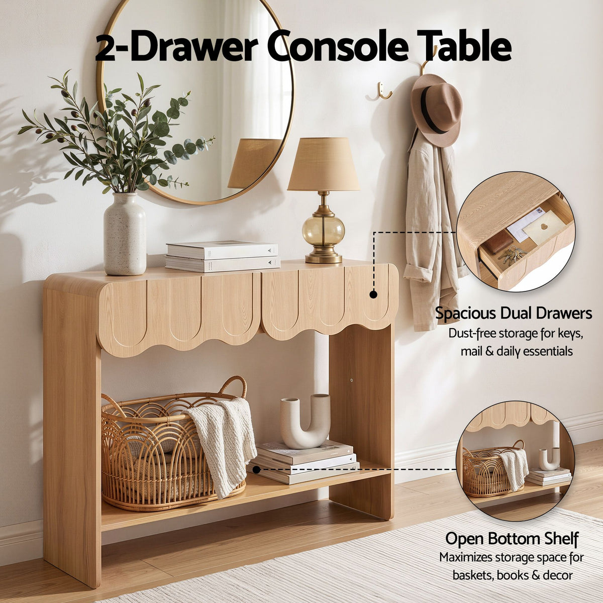 Odette Scalloped 2-Drawer Console Table 100cm – Natural