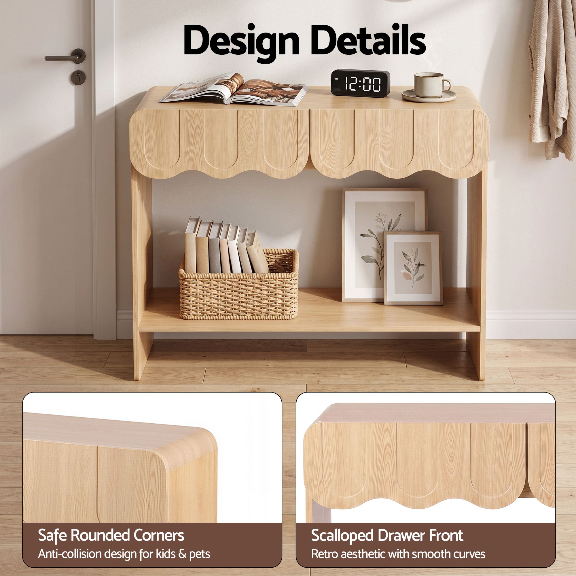 Odette Scalloped 2-Drawer Console Table 100cm – Natural