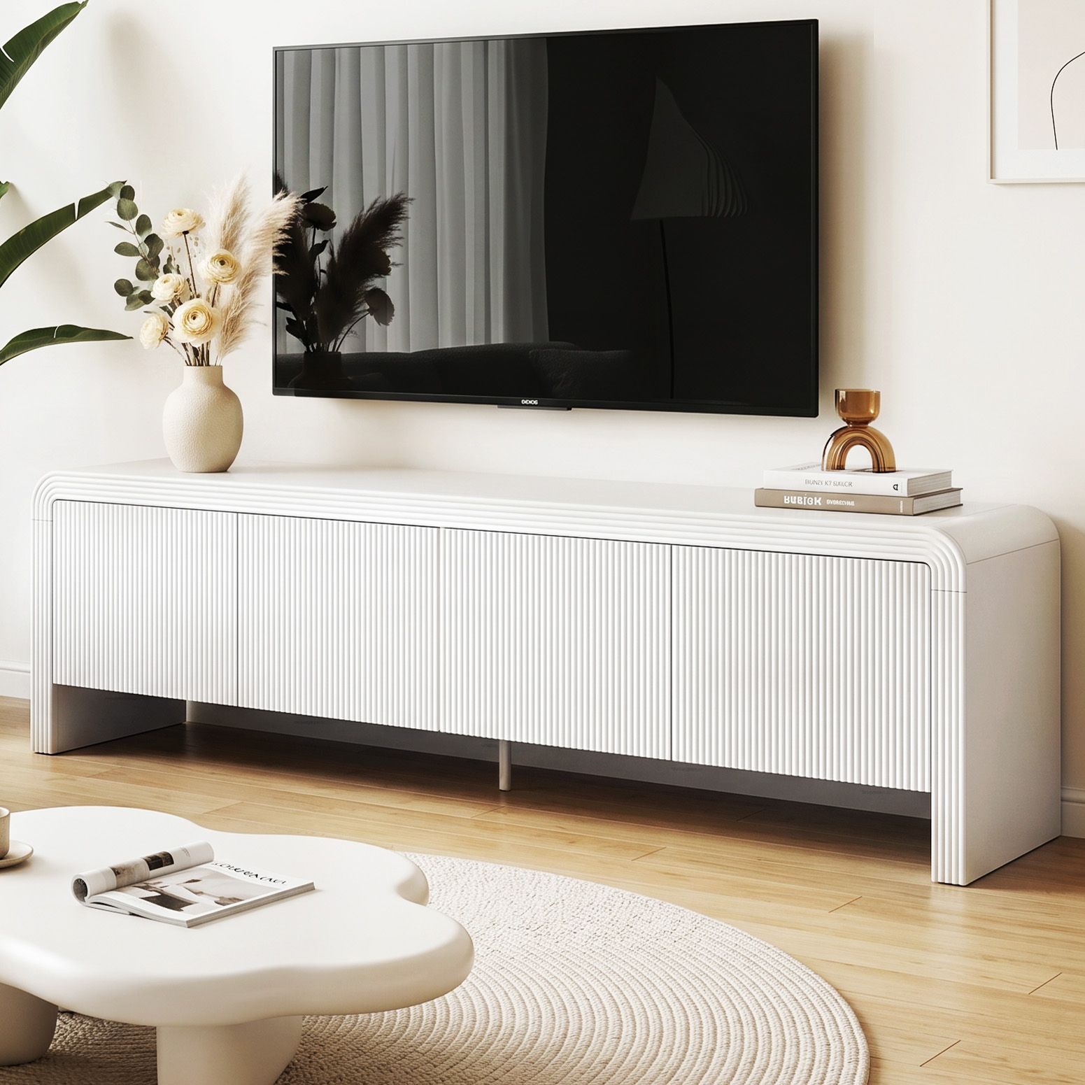Valentina Fluted TV Unit 180cm – White - Homecoze