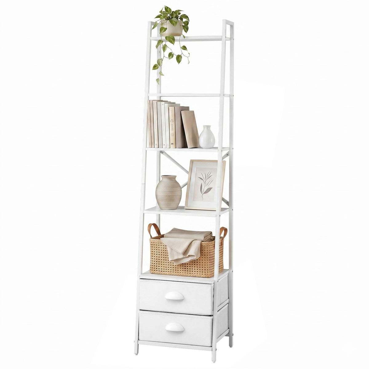Artiss 5 Tier Bookshelf Ladder Bookcase with Fabric Drawers Display Rack White - Homecoze