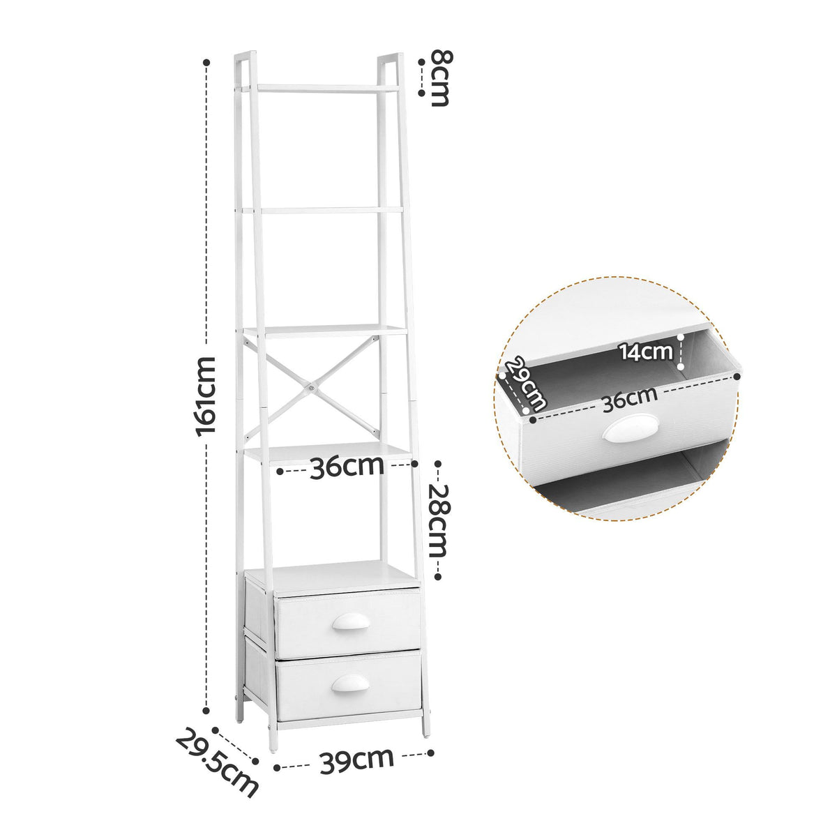 Artiss 5 Tier Bookshelf Ladder Bookcase with Fabric Drawers Display Rack White - Homecoze