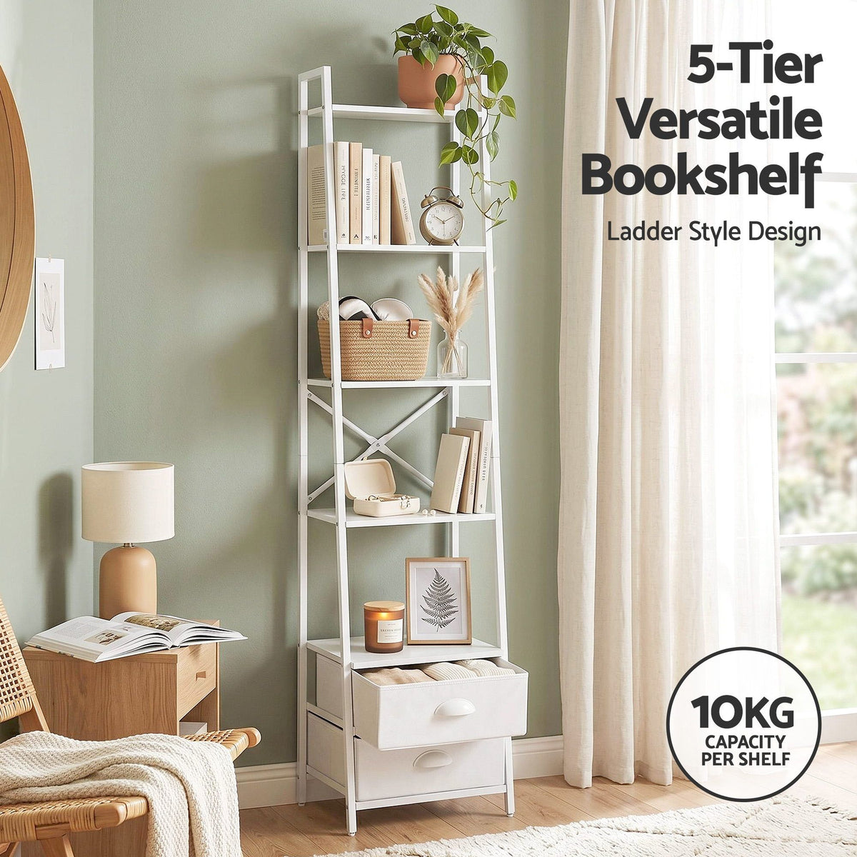Artiss 5 Tier Bookshelf Ladder Bookcase with Fabric Drawers Display Rack White - Homecoze