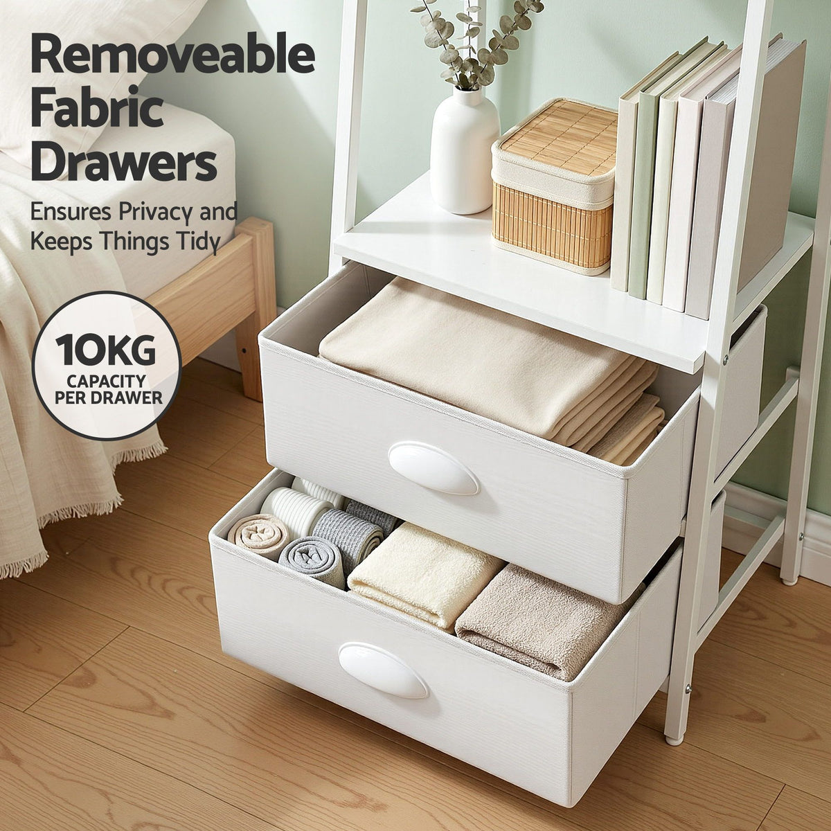 Artiss 5 Tier Bookshelf Ladder Bookcase with Fabric Drawers Display Rack White - Homecoze
