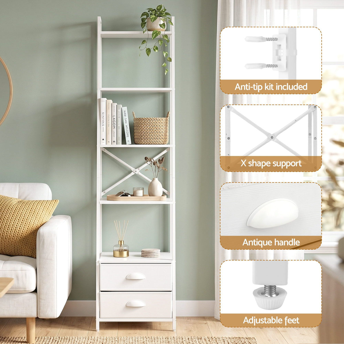 Artiss 5 Tier Bookshelf Ladder Bookcase with Fabric Drawers Display Rack White - Homecoze