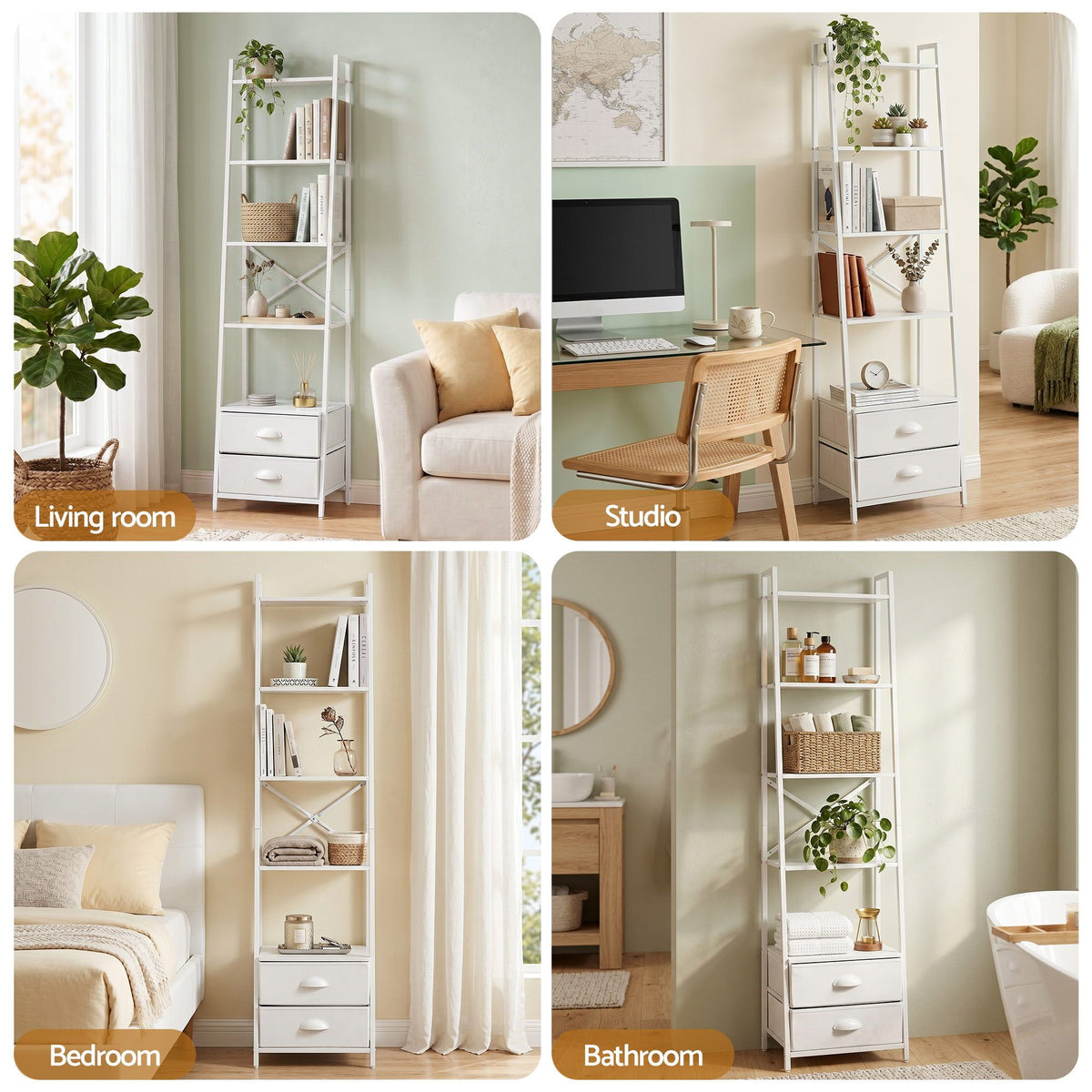 Artiss 5 Tier Bookshelf Ladder Bookcase with Fabric Drawers Display Rack White - Homecoze