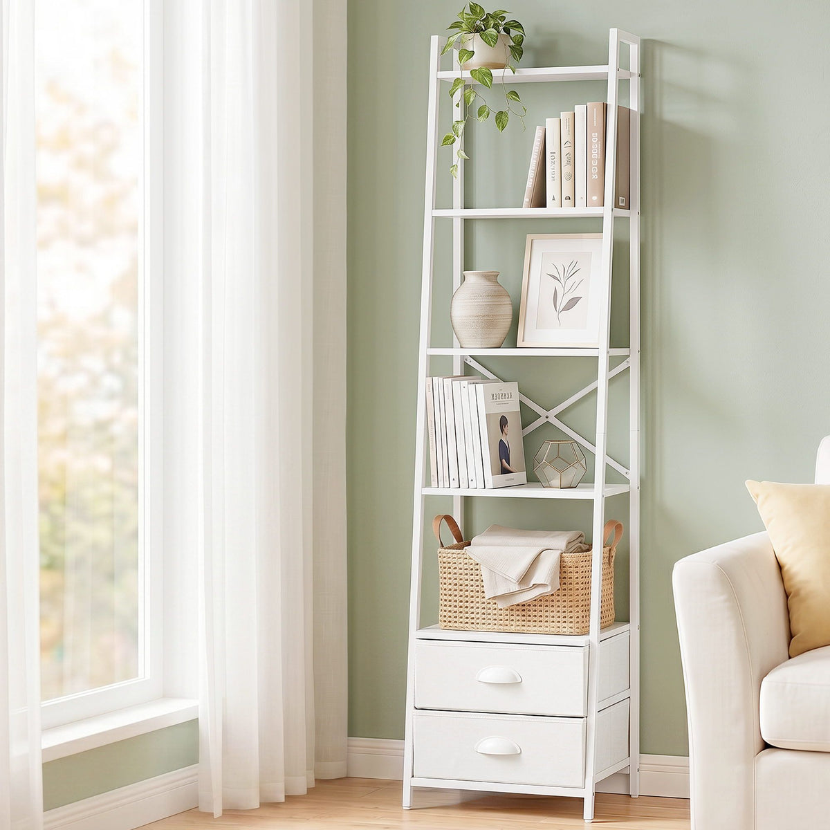 Artiss 5 Tier Bookshelf Ladder Bookcase with Fabric Drawers Display Rack White - Homecoze