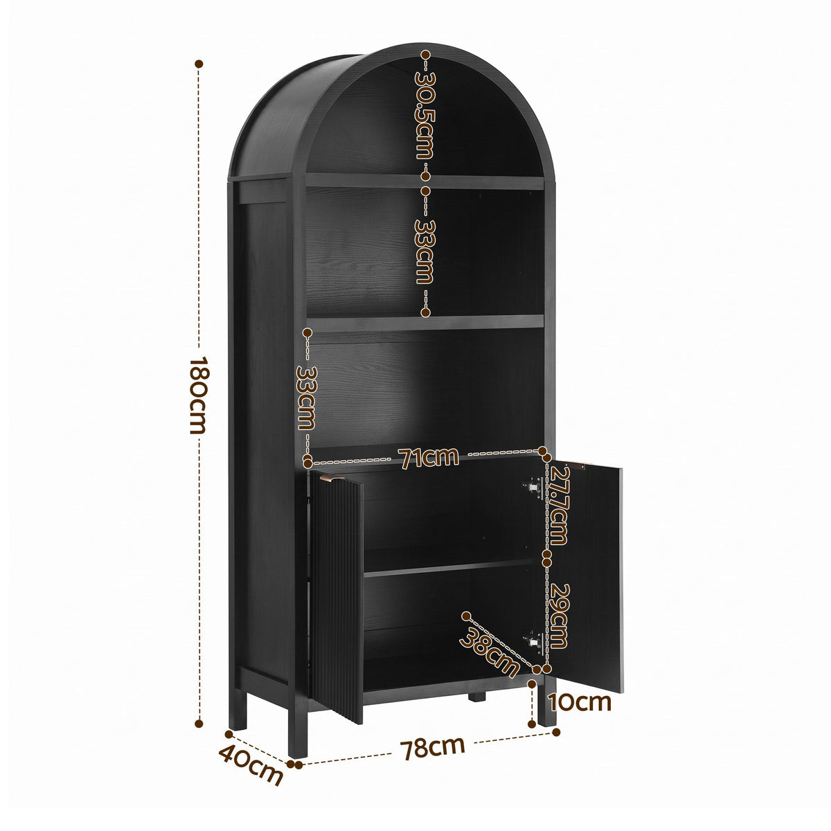 Arched Display Cabinet with Fluted Doors 180cm – Black