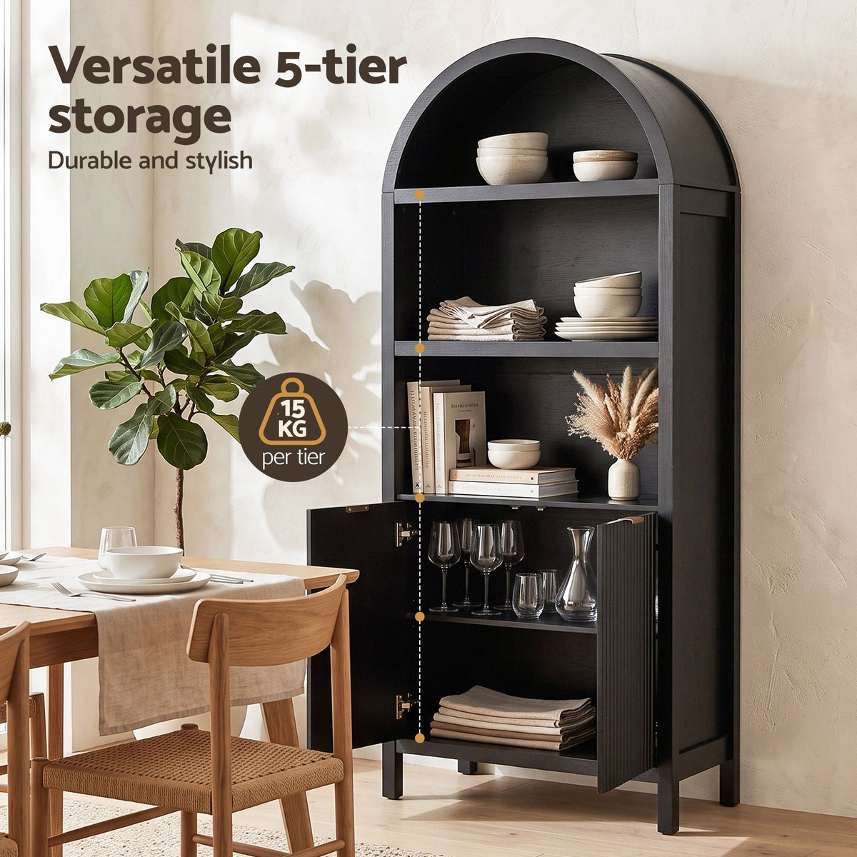 Arched Display Cabinet with Fluted Doors 180cm – Black