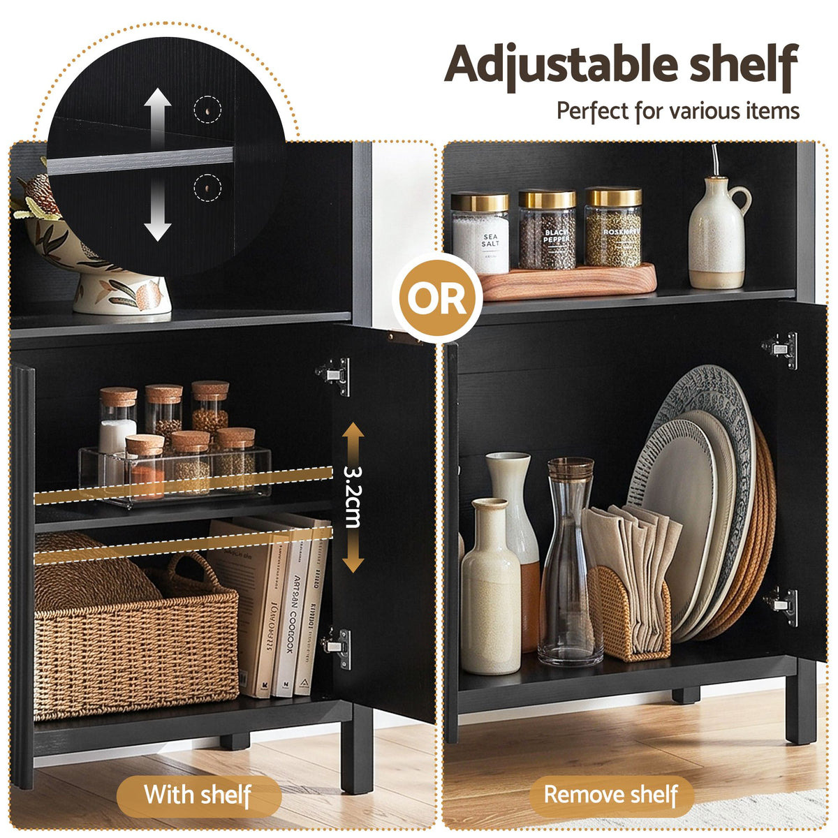 Arched Display Cabinet with Fluted Doors 180cm – Black