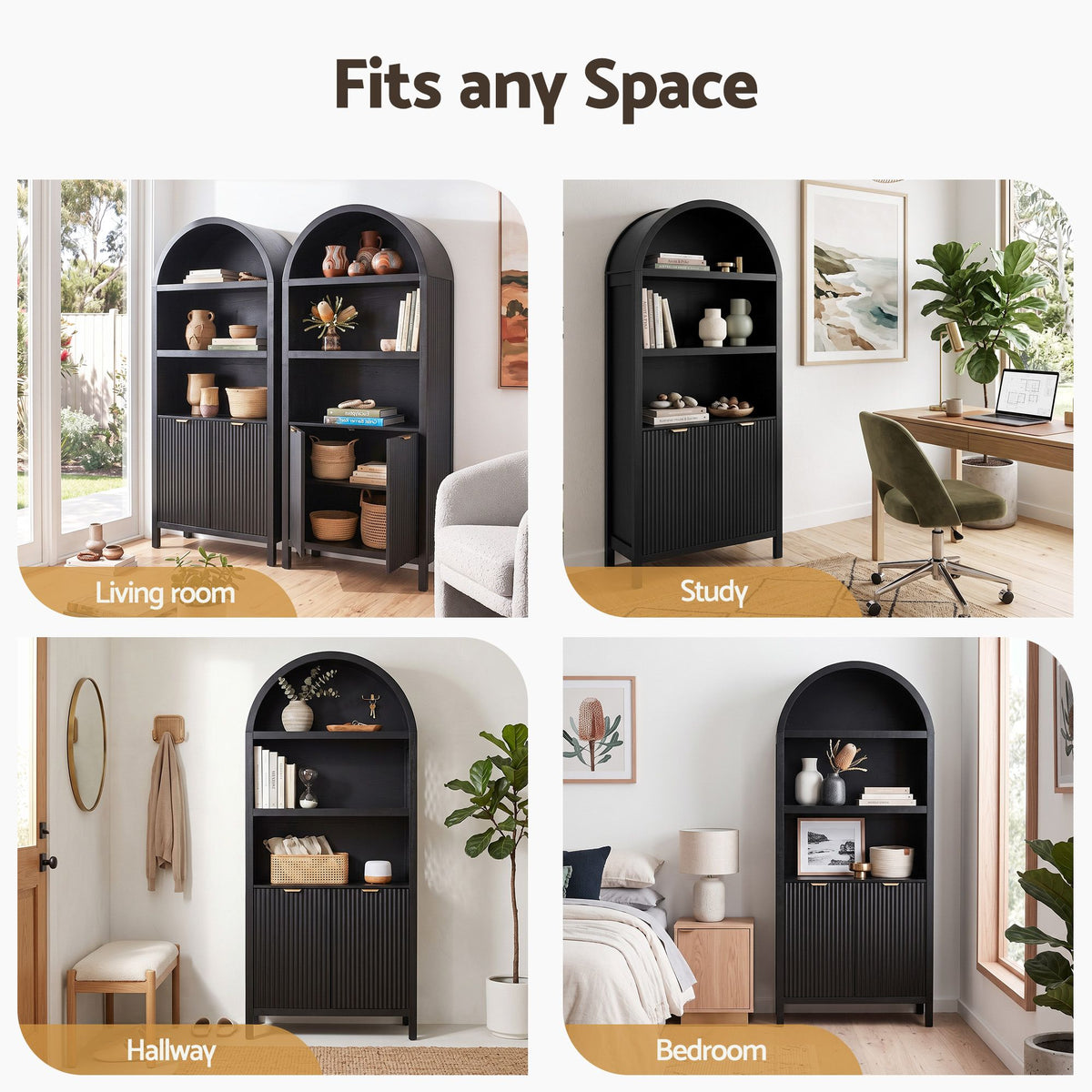 Arched Display Cabinet with Fluted Doors 180cm – Black