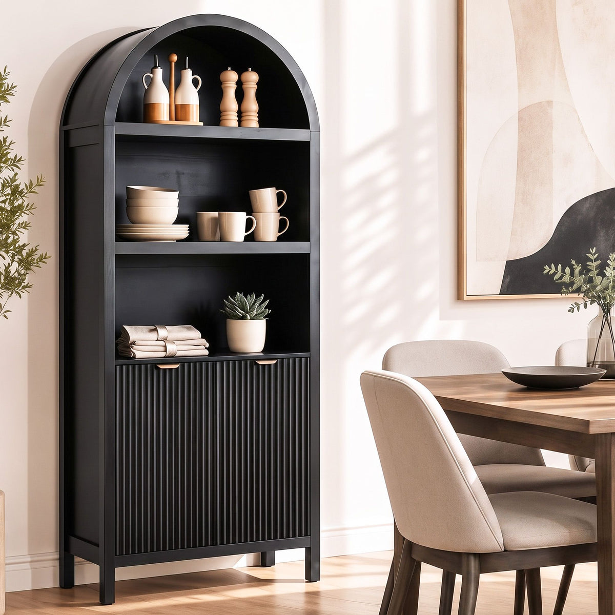 Arched Display Cabinet with Fluted Doors 180cm – Black