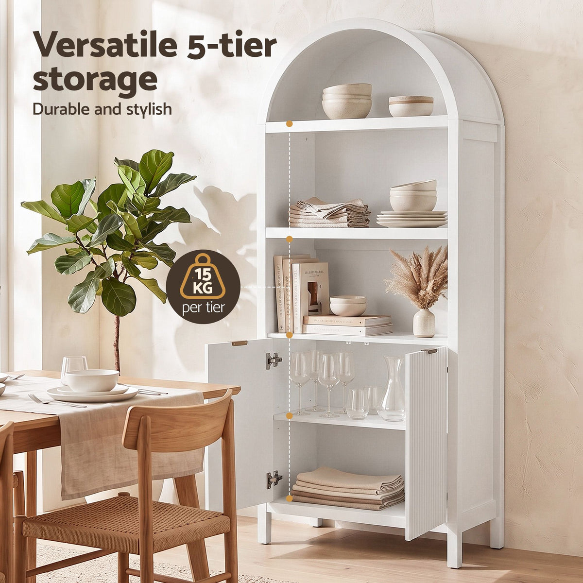 Arched Display Cabinet with Fluted Doors 180cm – White