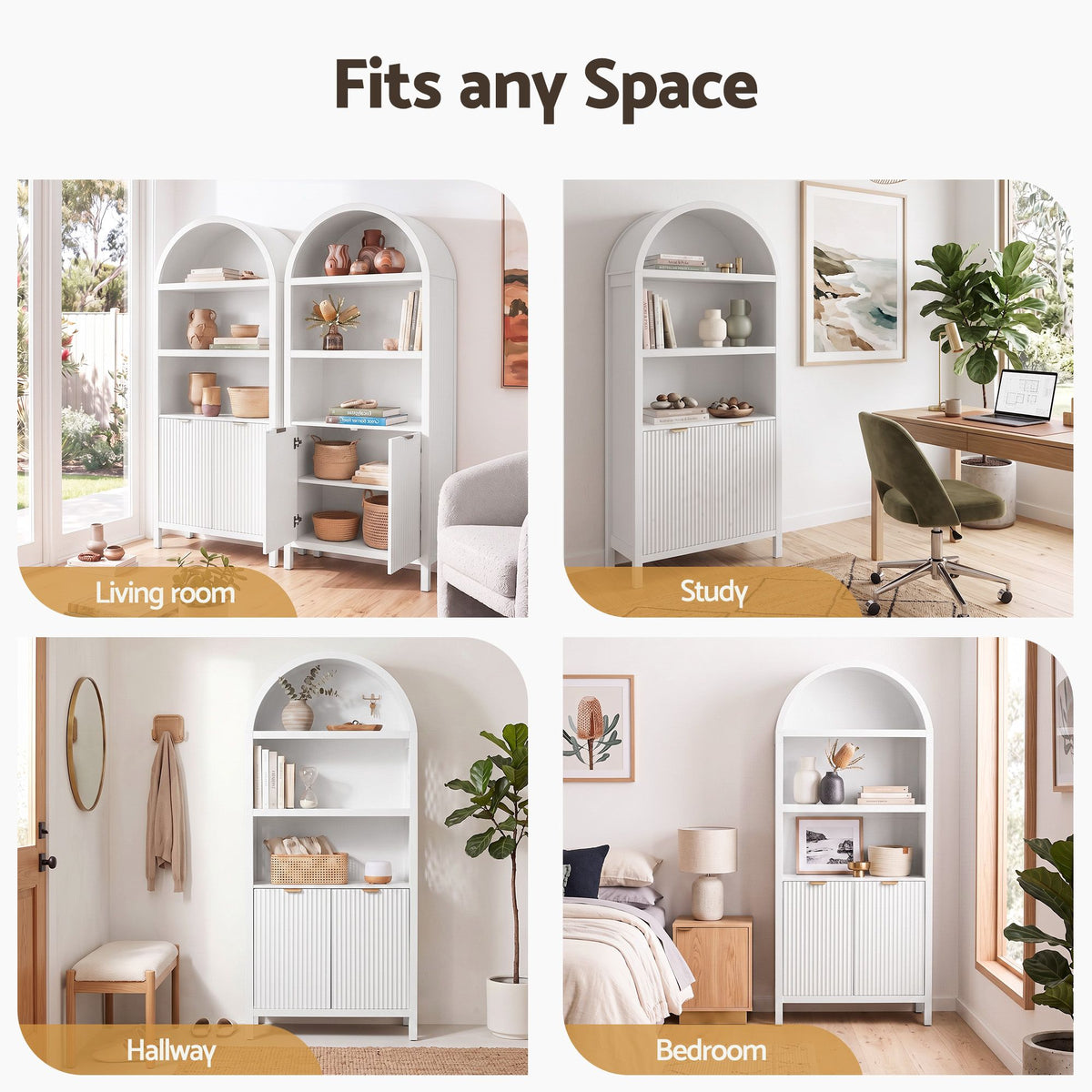 Arched Display Cabinet with Fluted Doors 180cm – White