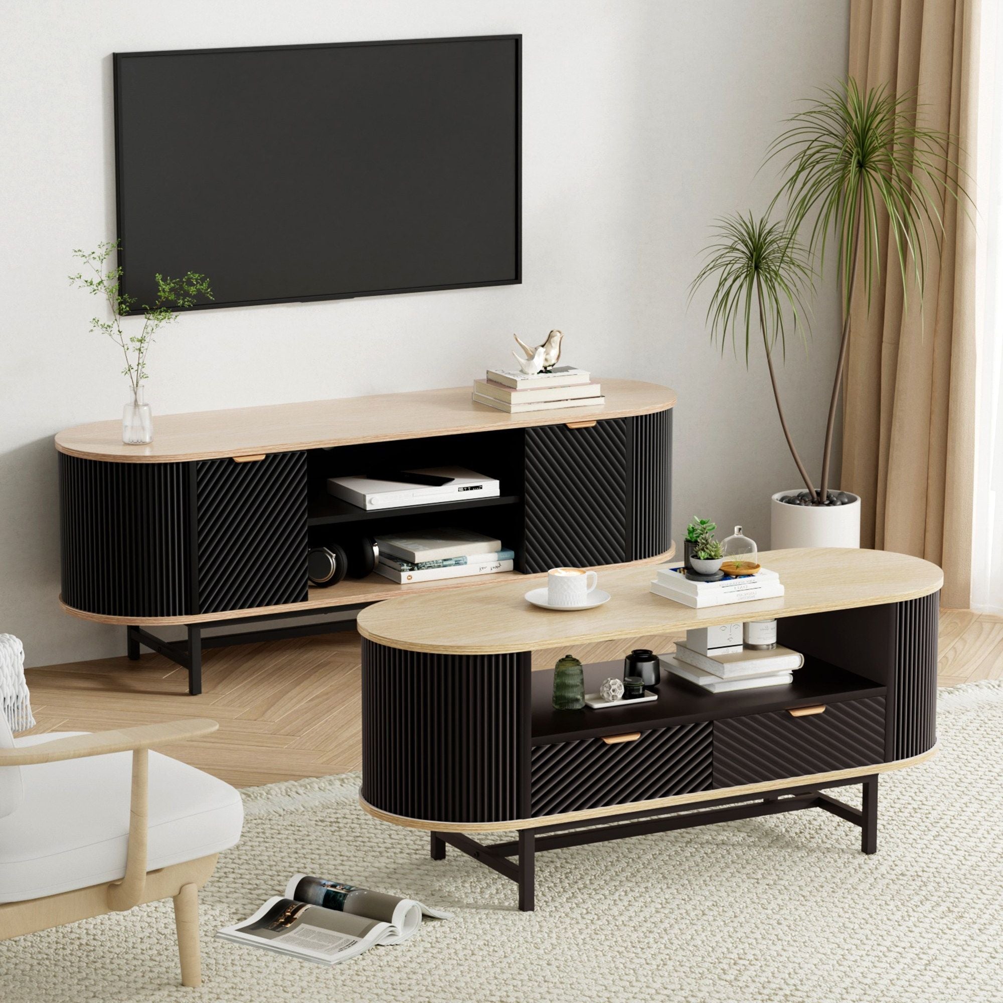 Artiss TV Unit & Coffee Table Set Storage Drawers Shelves Black Pine - Homecoze