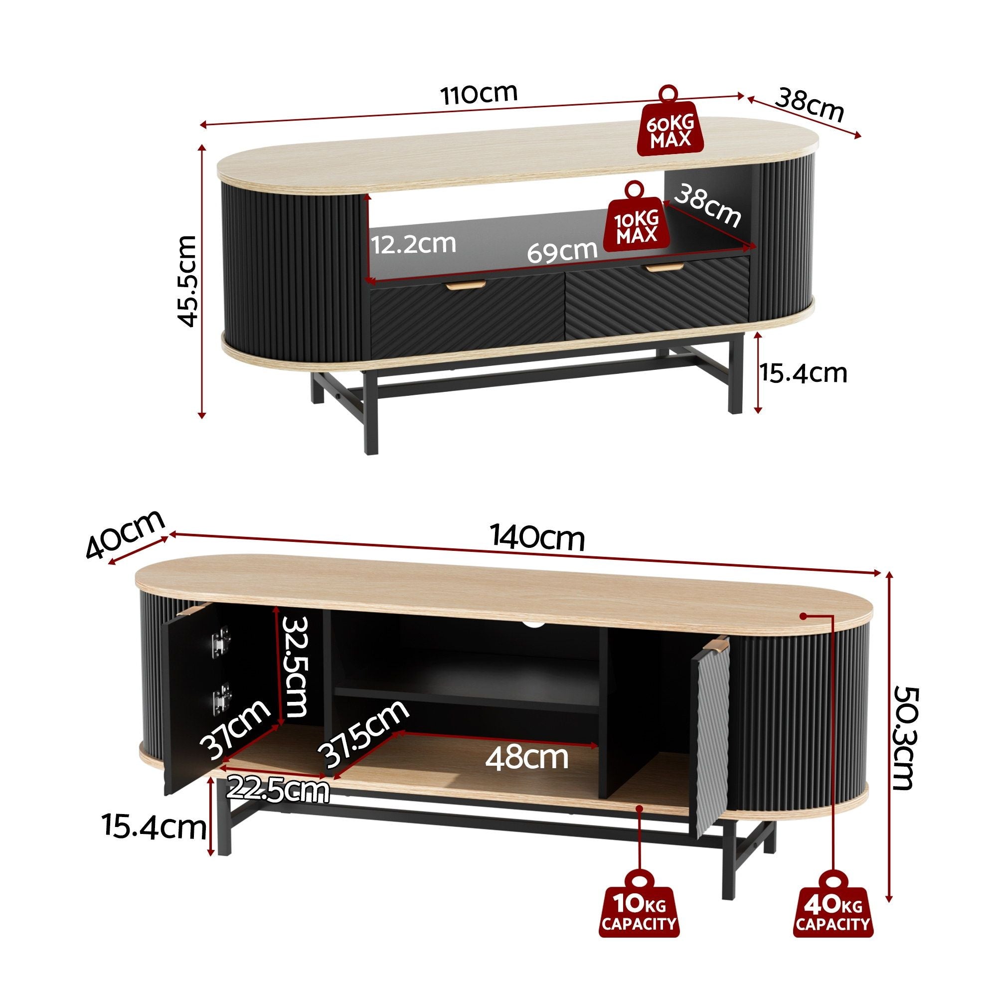 Artiss TV Unit & Coffee Table Set Storage Drawers Shelves Black Pine - Homecoze