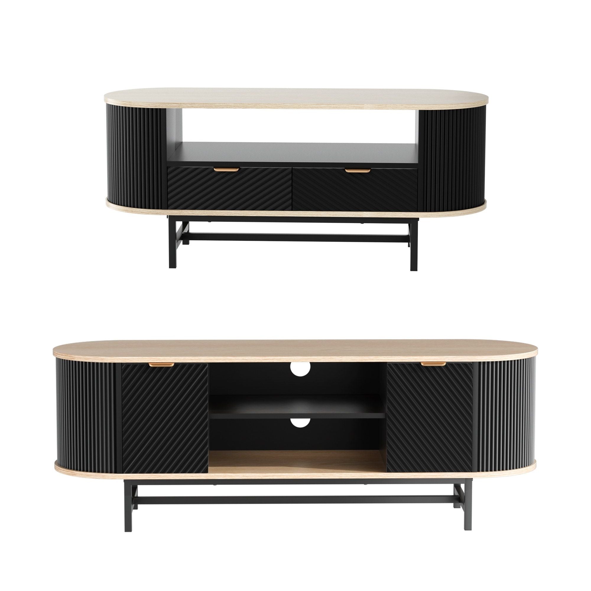 Artiss TV Unit & Coffee Table Set Storage Drawers Shelves Black Pine - Homecoze