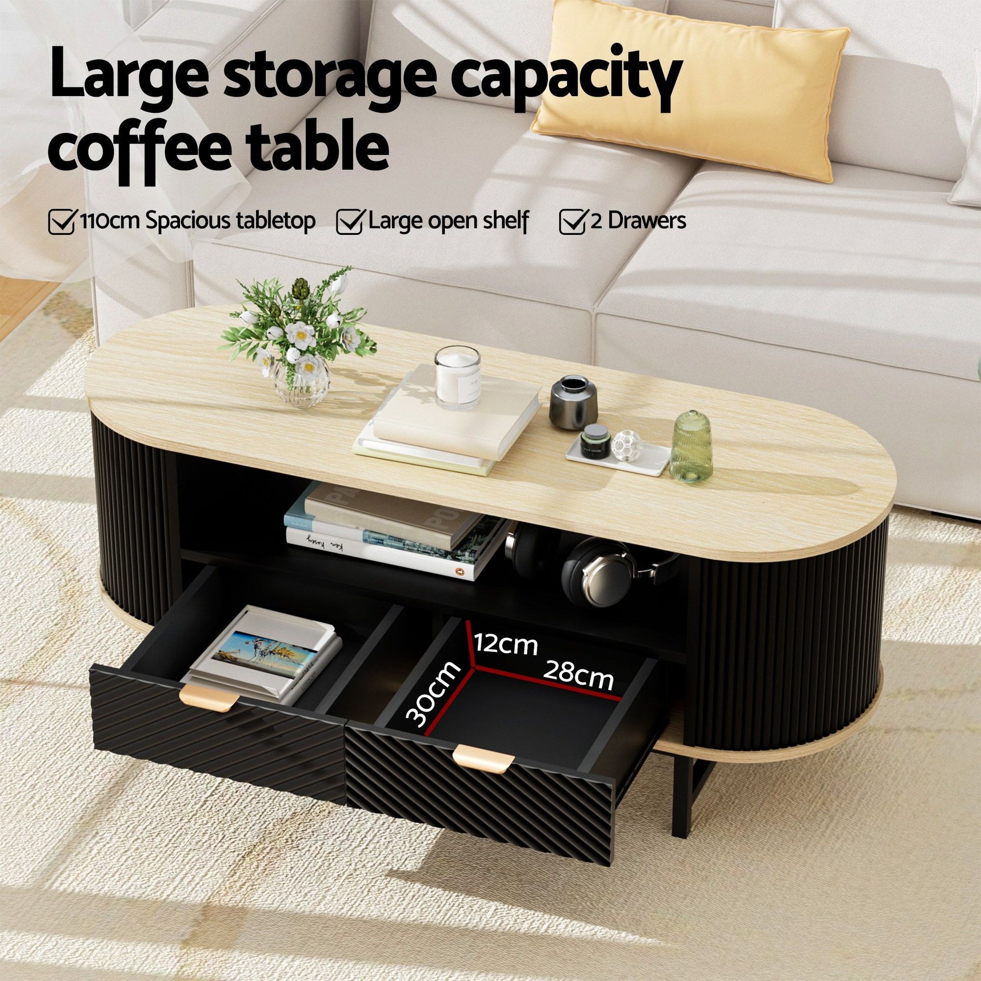 Artiss TV Unit & Coffee Table Set Storage Drawers Shelves Black Pine - Homecoze