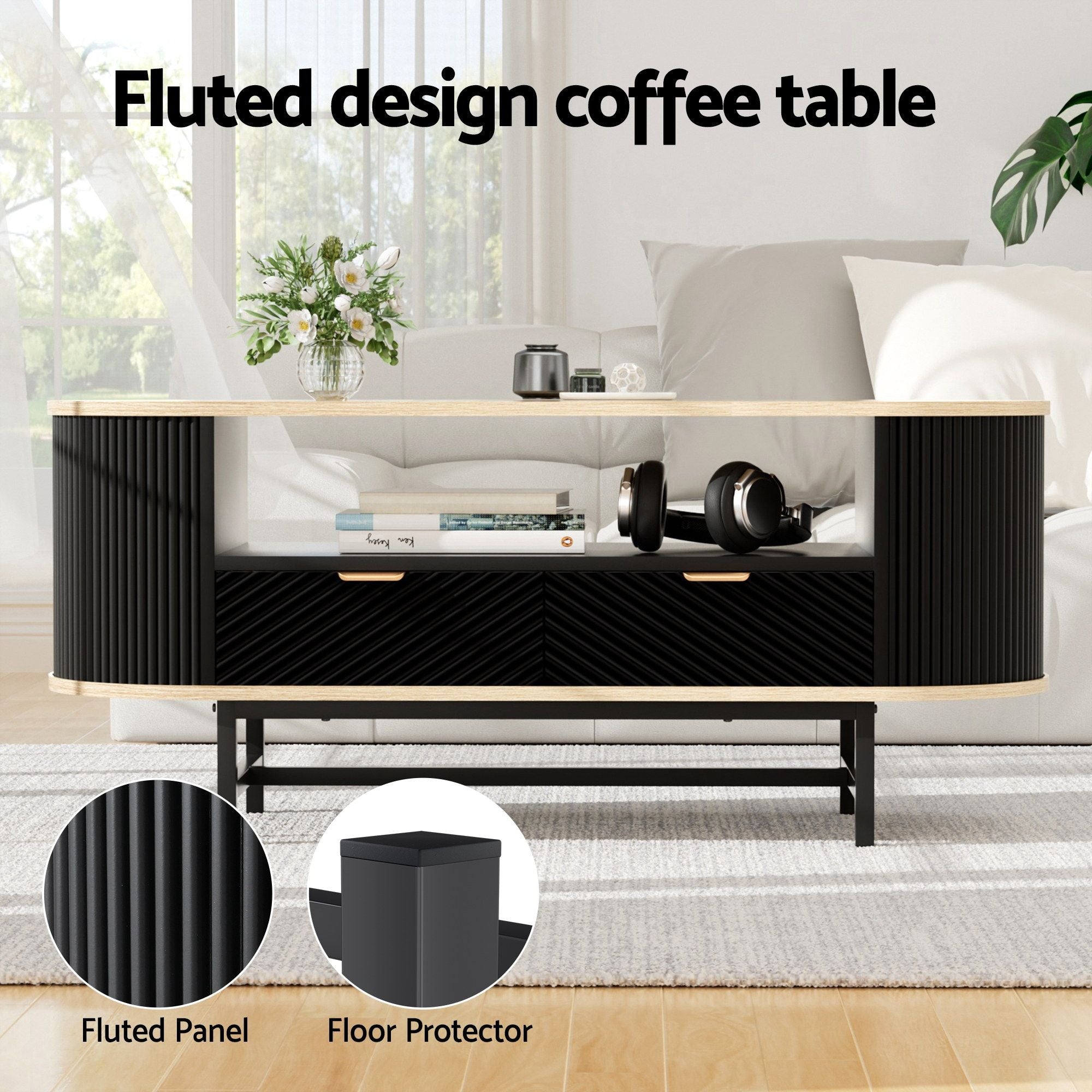 Artiss TV Unit & Coffee Table Set Storage Drawers Shelves Black Pine - Homecoze