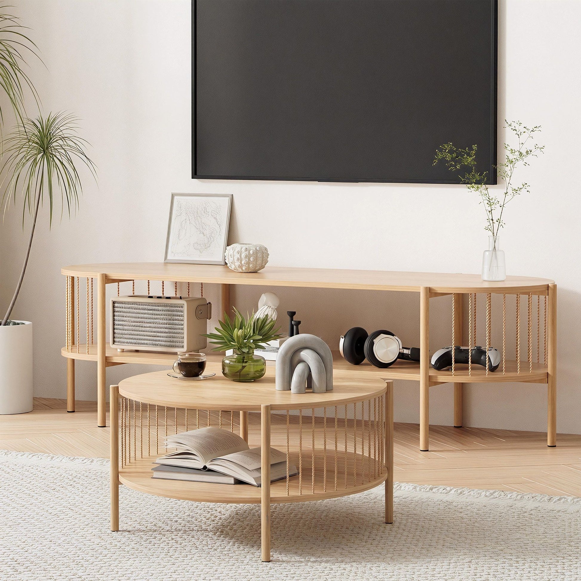 Artiss TV Unit & Coffee Table Set Storage Shelf Pine - Homecoze