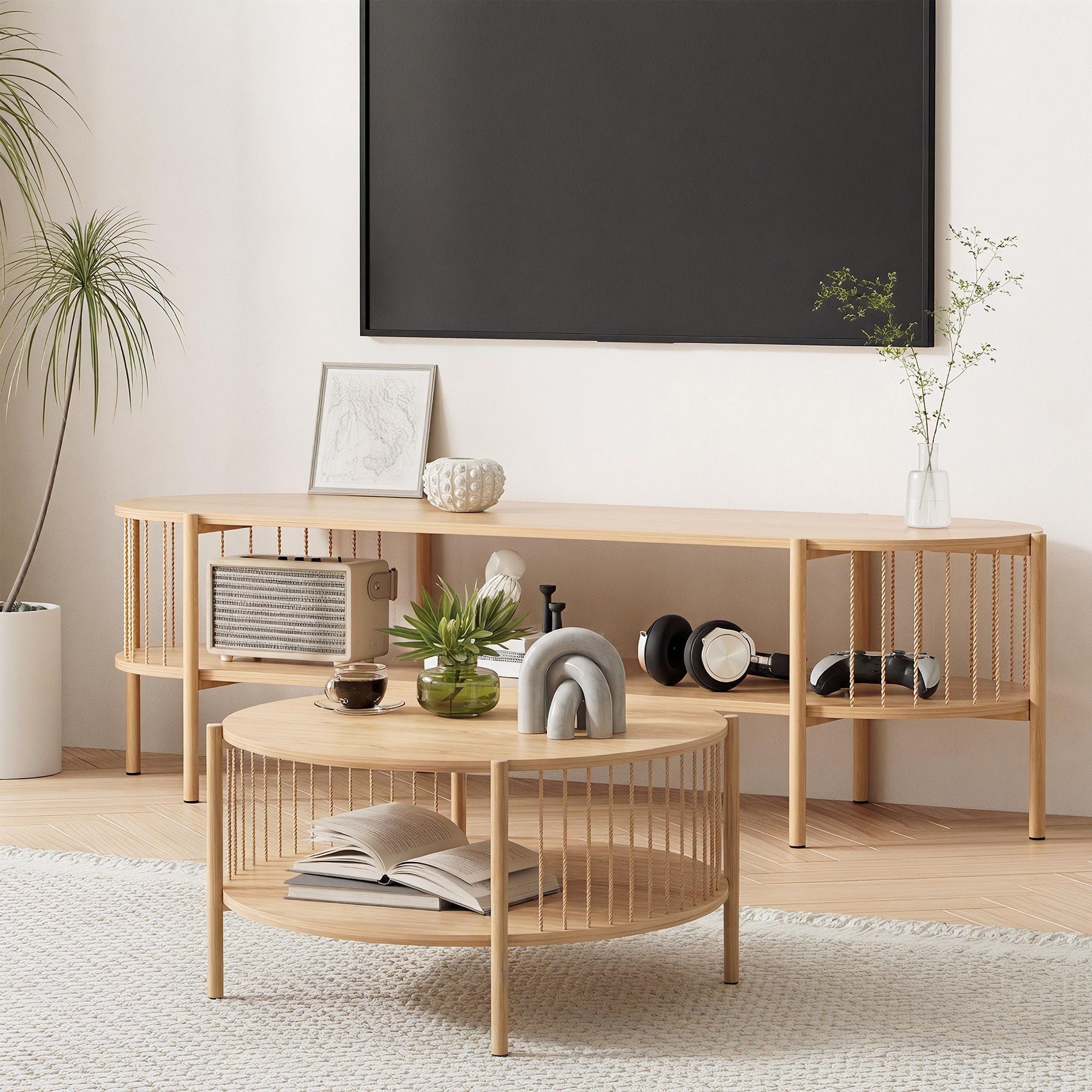 Artiss TV Unit & Coffee Table Set Storage Shelf Pine - Homecoze