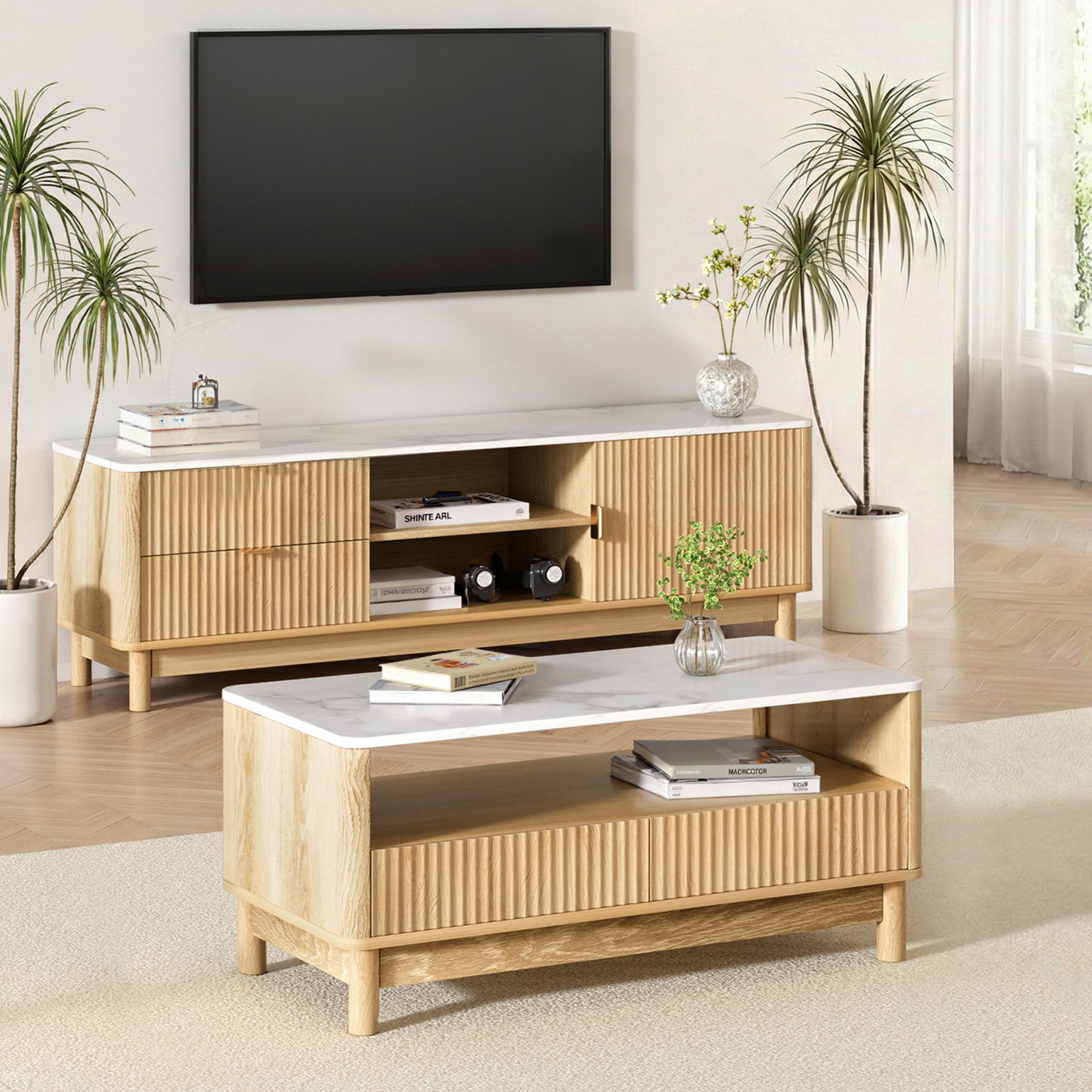 Marble Effect TV Unit & Coffee Table Set - White & Oak - Homecoze