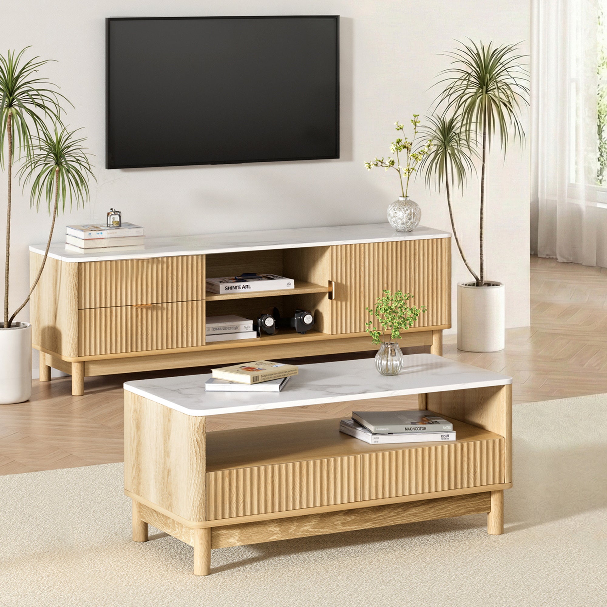 Marble Effect TV Unit & Coffee Table Set - White & Oak - Homecoze