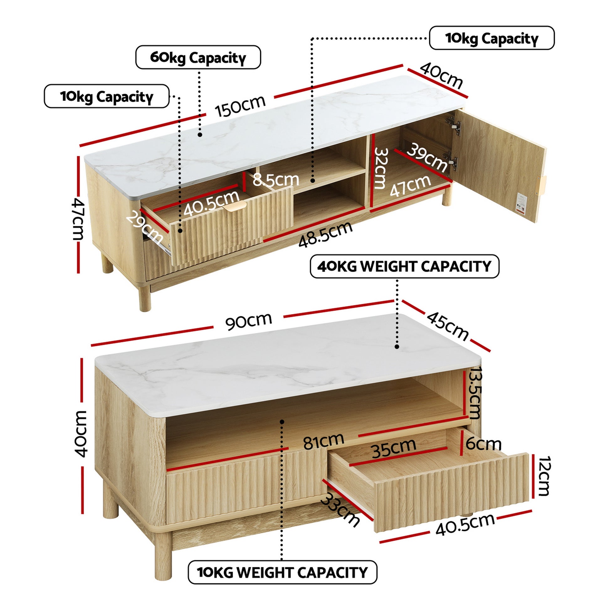 Marble Effect TV Unit & Coffee Table Set - White & Oak - Homecoze