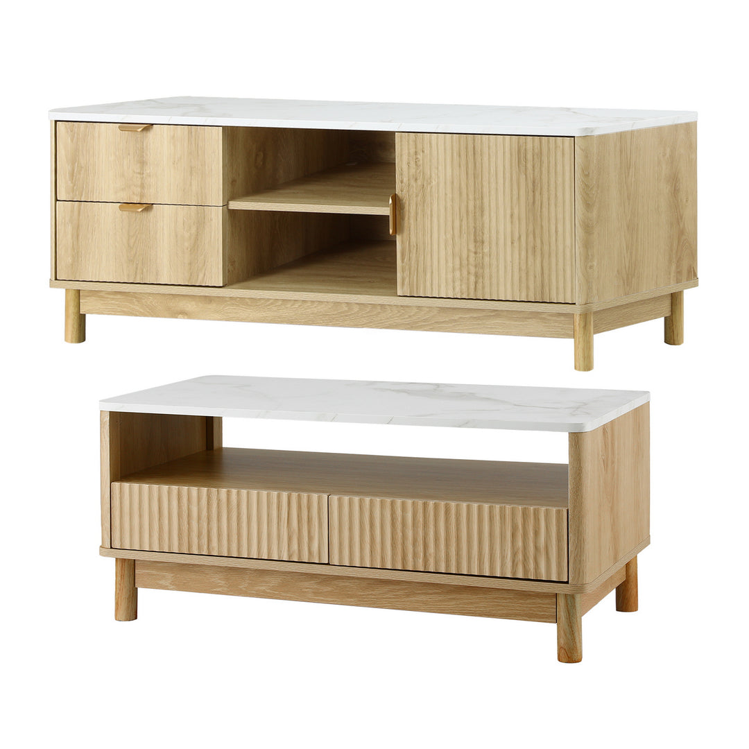 Marble Effect TV Unit & Coffee Table Set - White & Oak